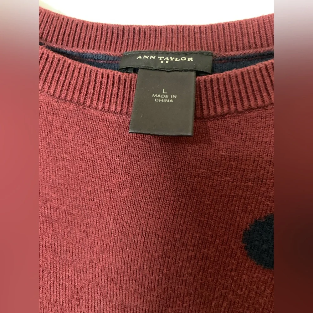 Ann‎ Taylor Burgundy and Navy Polka Dot Sweater Large Casual Preppy Academia